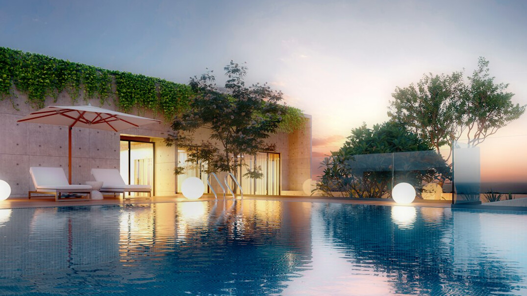 Modern house with infinity pool surrounded by greenery